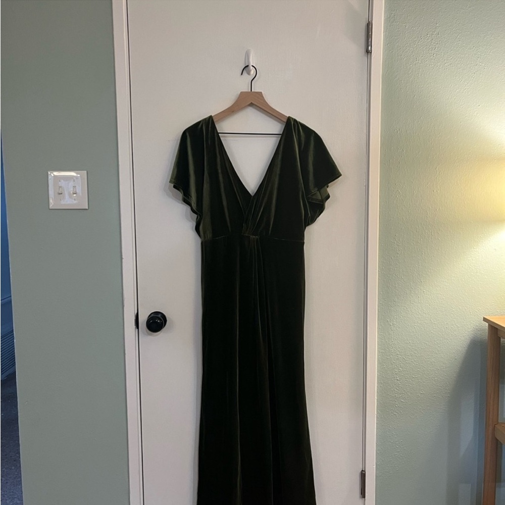 Revelry Velvet Gwen Bridesmaid Dress in Olive - Picture 2 of 4